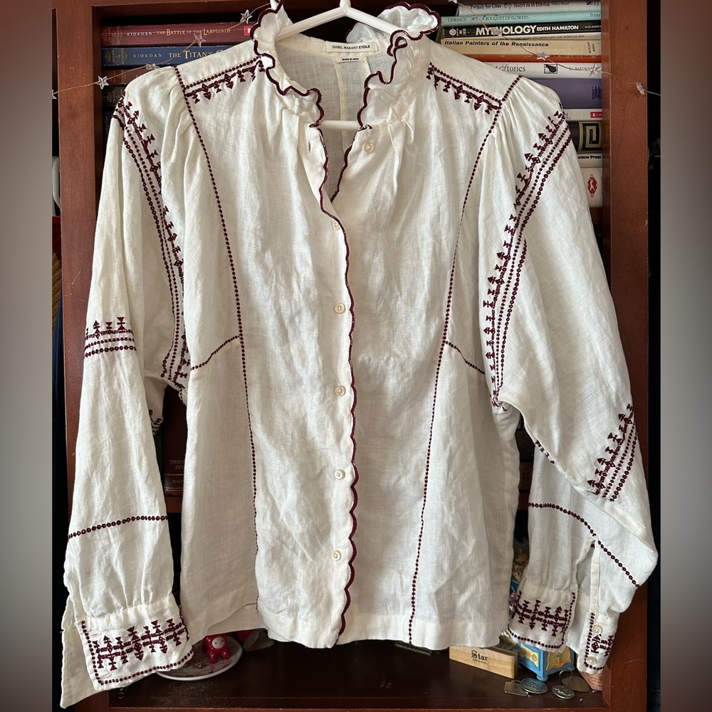 Isabel amaranth Étoile Women’s 100% Linen Blouse. Red Embroidery. Size 40/S.